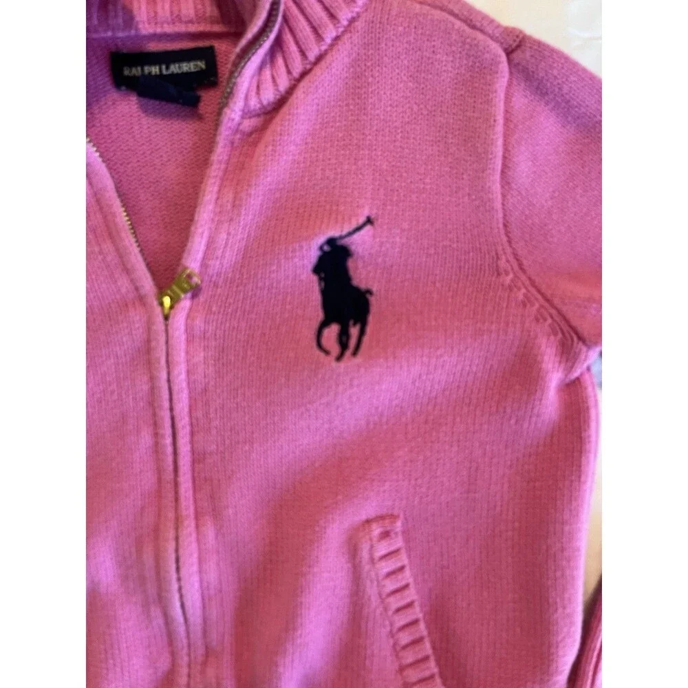 Ralph Lauren Girls Pink Full Zip Sweater Size M Rib Knit Collar Preppy
